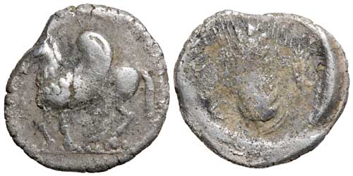 A silver third stater of Metapontion showing Pegasos and grain