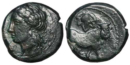 A bronze AE17 of Neapolis with a man-headed bull on the reverse