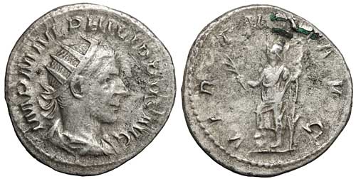 A silver antoninianus of the emperor Philip I with a reverse showing Virtus