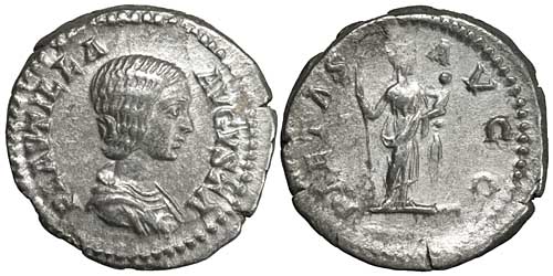 A silver denarius of the empress Plautilla showing Pietas holding a child