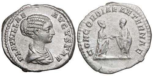  broken silver denarius of the empress Plautilla with a reverse showing the empress clasping hands with Caracalla