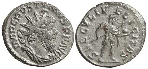A billon antoninianus of the emperor Postumus with a reverse showing the emperor