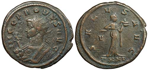 A billon antoninianus of the emperor Probus with a reverse showing Salus
