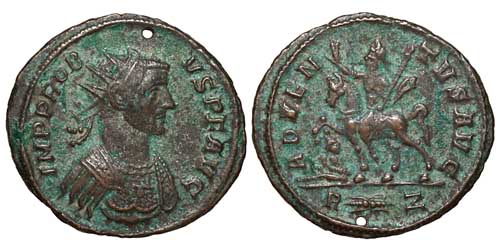 A holed billon antoninianus of the emperor Probus with a reverse showing the emperor on horseback