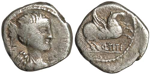 a Roman Republican silver quinarius of Q. Titius with Victory and Pegasus