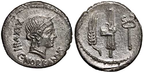 A Roman Republican silver denarius of C. Norbanus showing the head of Venus
