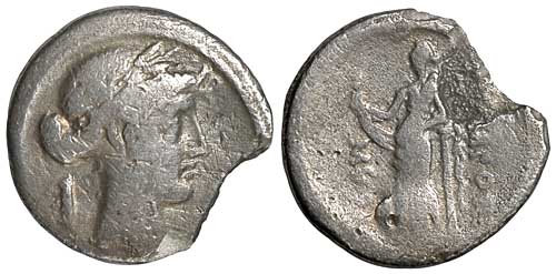 A broken Roman Republican silver denarius of Q Pomponius Musa howing the muse of history