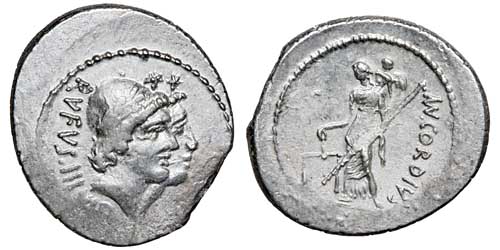 a silver Roman Republican denarius of Mn. Cordius Rufus showing the Dioscuri and Venus