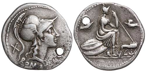  A holed anonymous Roman Republican denarius showing Roma.
