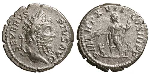 A silver denarius of the emperor Septimius Severus with a reverse showing Jupiter and two children