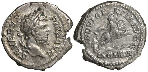 A silver denarius of the emperor Septimius Severus with a reverse showing Dea Caelestis