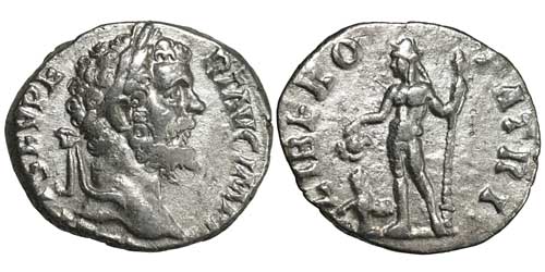 A silver denarius of the emperor Septimius Severus showing Liber and a panther