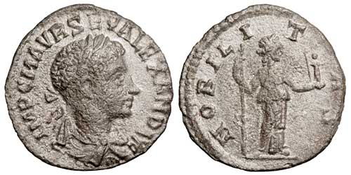 A silver denarius of Severus Alexander with a reverse showing Nobilitas.
