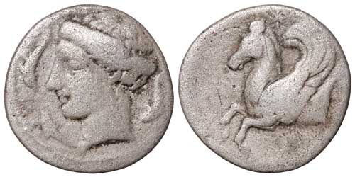 A silver hemidrachm of Syracuse showing Arethusa and Pegasos