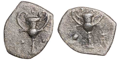 A silver obol of Taras showing a kantharos on both sides