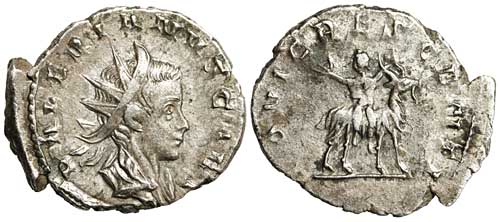 A billon antoninianus of Valerian II showing the infant Jove seated on the goat Amalthea