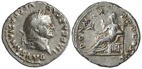 A silver denarius of the Roman emperor Vespasian showing Pax seated left