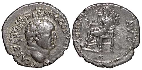 a silver denarius of the Roman emperor Vespasian from Ephesus, with a reverse showing Ceres.