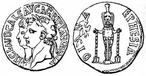 A drawing of a coin of Claudius showing the cult figure of Artemis at Ephesus