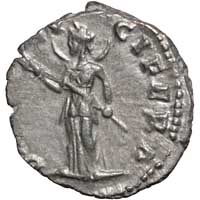 The reverse of a denarius of Julia Domna showing Diana as a moon goddess carrying a lighted torch