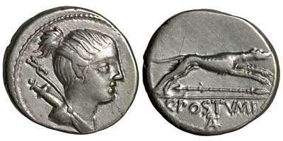 A silver denarius of C Postumius TA showing Diana and her hunting dog.