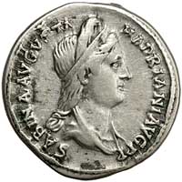 The obverse of a denarius of Sabina with a simple hairstyle