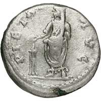 The reverse of a denarius of Septimius Severus showing the emperor sacrificing over a tripod altar.