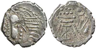 Silver coin of the Saindhavas of Saurashtra with a fire altar reverse