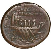 A galley on the reverse of a copper as of Marcus Aurelius.