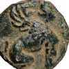 Detail of the obverse of a small bronze coin of Chios showing a sphinx.