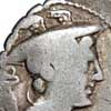 Detail of the obverse of a republican denarius showing Mercury wearing a petasos