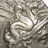 Detail of the obverse of a silver diobol of Taras showing a hippocamp