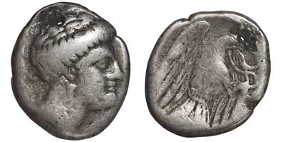 Silver drachm of Chalkis in Euboia showing an eagle grappling a snake.