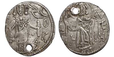 Silver asper of Manuel I showing Saint Eugenius on the reverse.