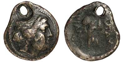 Bronze coin of Mesemrbia in Thrace showing a female head and Athena Alkidemos.
