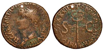 Holed as of Tiberius with a winged caduceus reverse.