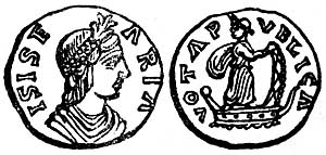 A drawing of a coin of Julian II showing Isis Pharia