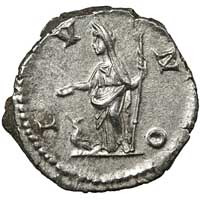 The reverse of a silver denarius of Julia Domna showing Juno