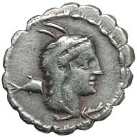 The obverse of a silver denarius of L Papius showing the head of Juno Sospita