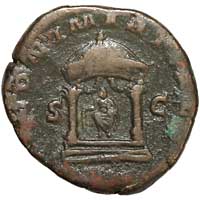 The reverse of a brass sestertius of Trebonianus Gallus showing a temple of Juno Martialis
