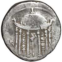 The reverse of a denarius of Augustus showing the Temple of Mars the Avenger