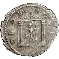 The reverse of an antoninianus of Gallienus showing Mars standing in a temple