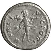 The reverse of a denarius of Geta showing Mars the Victor