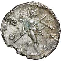 The reverse of a denarius of Marcus Aurelius showing heroic Mars with spear and trophy