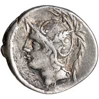 The obverse of a denarius of Q. Minucius M.f. Thermus showing the helmeted head of Mars