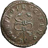 The reverse of a billon antoninianus of Postumus showing a winged caduceus