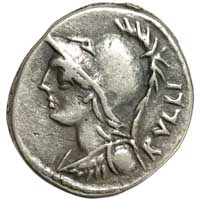 Obverse of a replica Republican denarius showing a bust of Minerva wearing the aegis