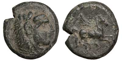 A bronze coin of from Kephaloidion in Sicily with a Pegasos reverse.