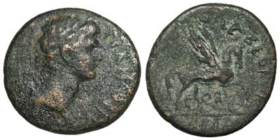A bronze coin of Corinth under Tiberius with a Pegasus reverse