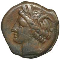 The obverse of a bronze coin of Carthage showing Tanit